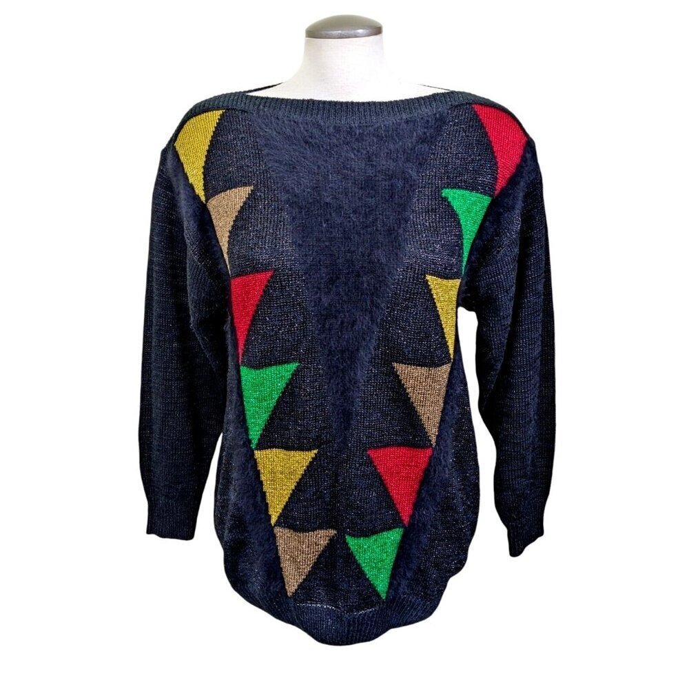 Olsen Vintage 80s Womens Sweater Medium Sparkly Black Multicolor Maximalist Bold
